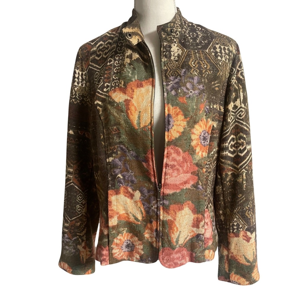 Vintage 90s Coldwater Creek Boho Floral Tapestry Full Zip Jacket Women's 14